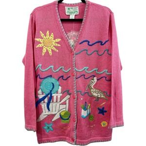 Quacker Factory VTG Cardigan‎ Beach Coastal Whimsical Removable Buttons Sweater